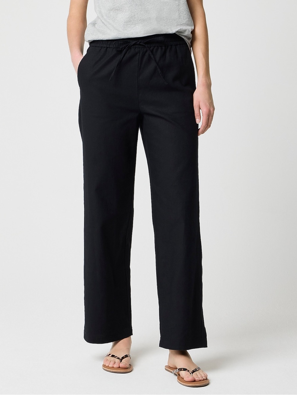 J.Crew Petite Linen-Blend Slim Wide-Leg Drawstring Pant Black Size 2P NWT